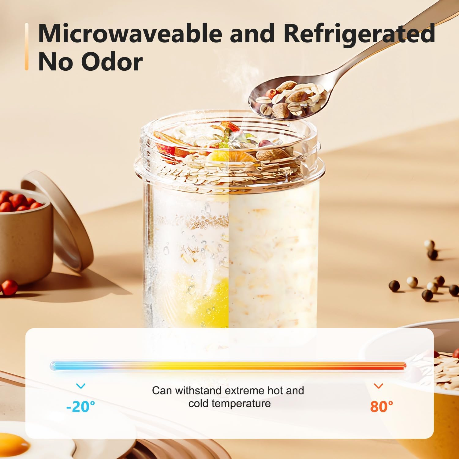 14.5 Oz Overnight Oats Containers with Spoon 3 Pack, Handle Lid Easy to Carry, Glass Mason Jars Large Capacity with Airtight Lid for Overnight Meals, Reuseable Container (3) Lovernight Oats Jar Glass image number 2