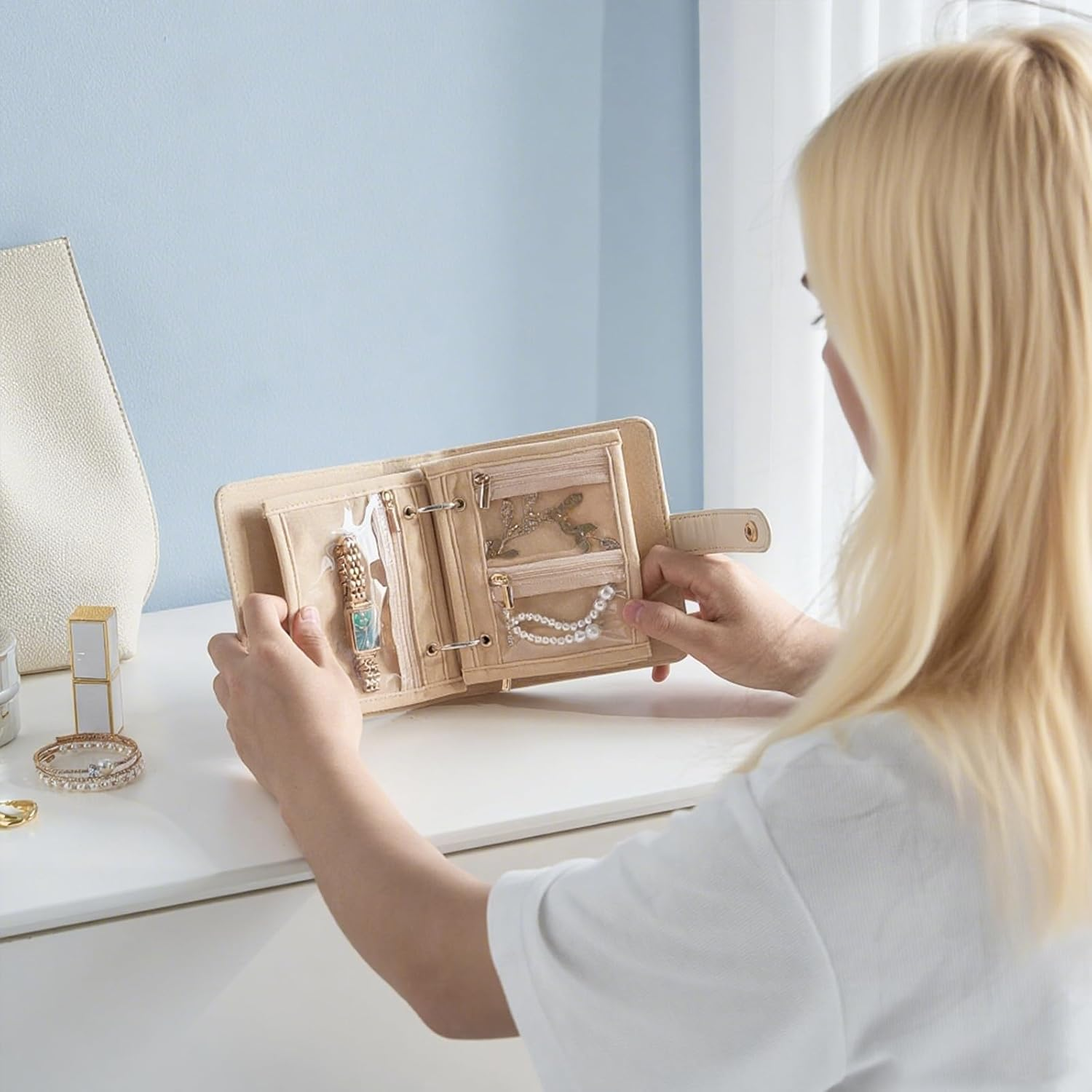 Lolalet Travel Jewelry Organizer Case, Portable Jewlery Storage Book Portfolio Binder with Zipper Velvet Pouch and Built-In Mirror for Women -Beige, Small image number 5