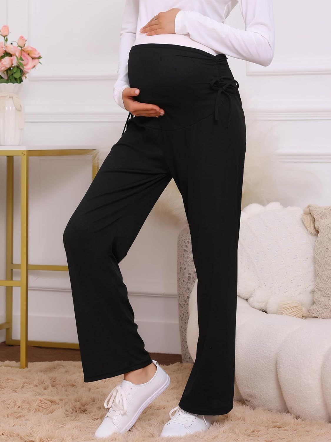 Womens Maternity Pants Ribbed Knit Palazzo over the Belly Work Lounge Wide Leg Pregnancy Trousers Black XL image number 6