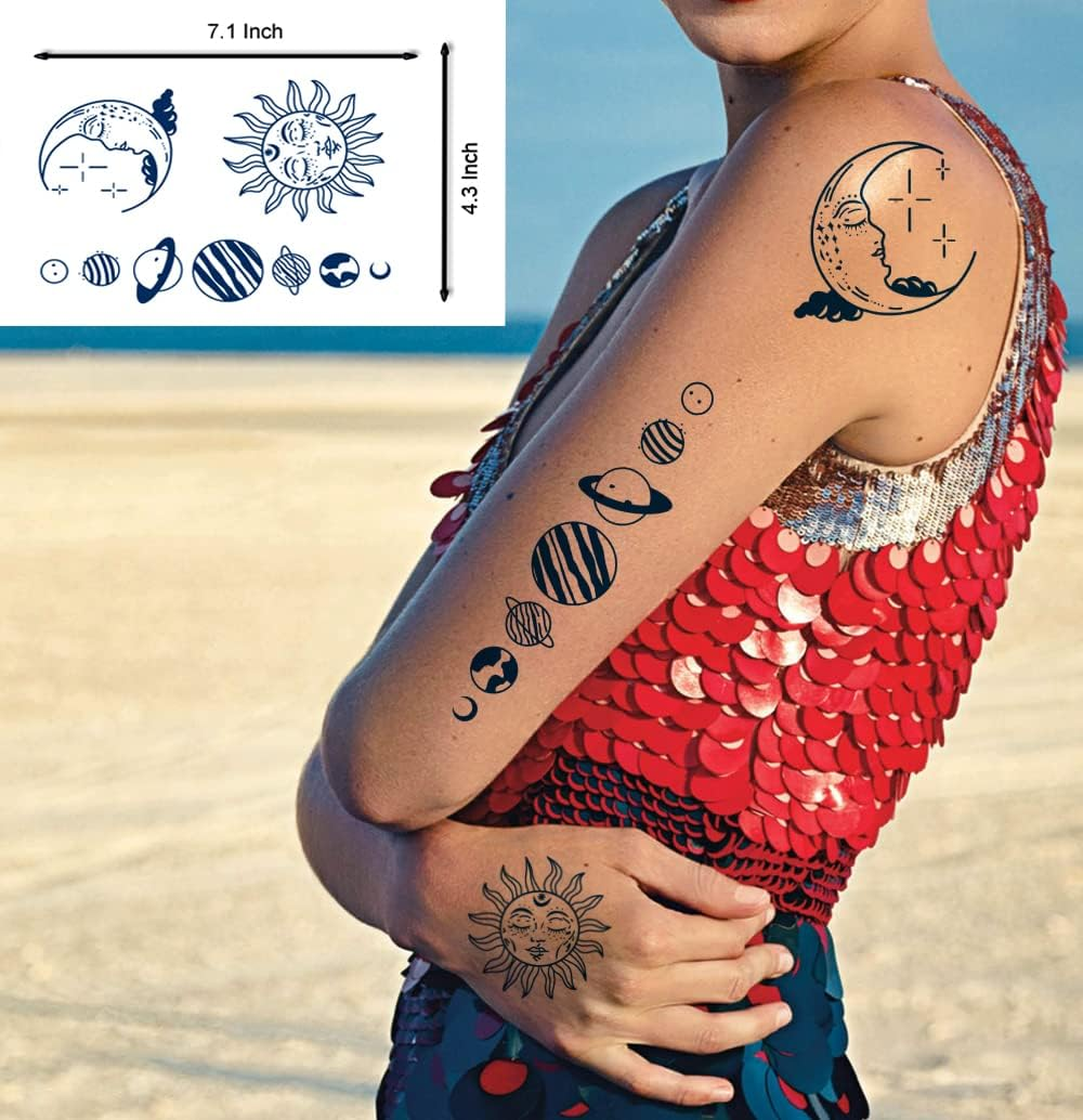 Space Semi Permanent Tattoo, 6-Sheet Long Lasting 1-2 Weeks Temporary Tattoos Universe Sun Moon Stars Tattoo Stickers, Waterproof 100% Plant-Based Ink Infinity Realistic Fake Tattoos For