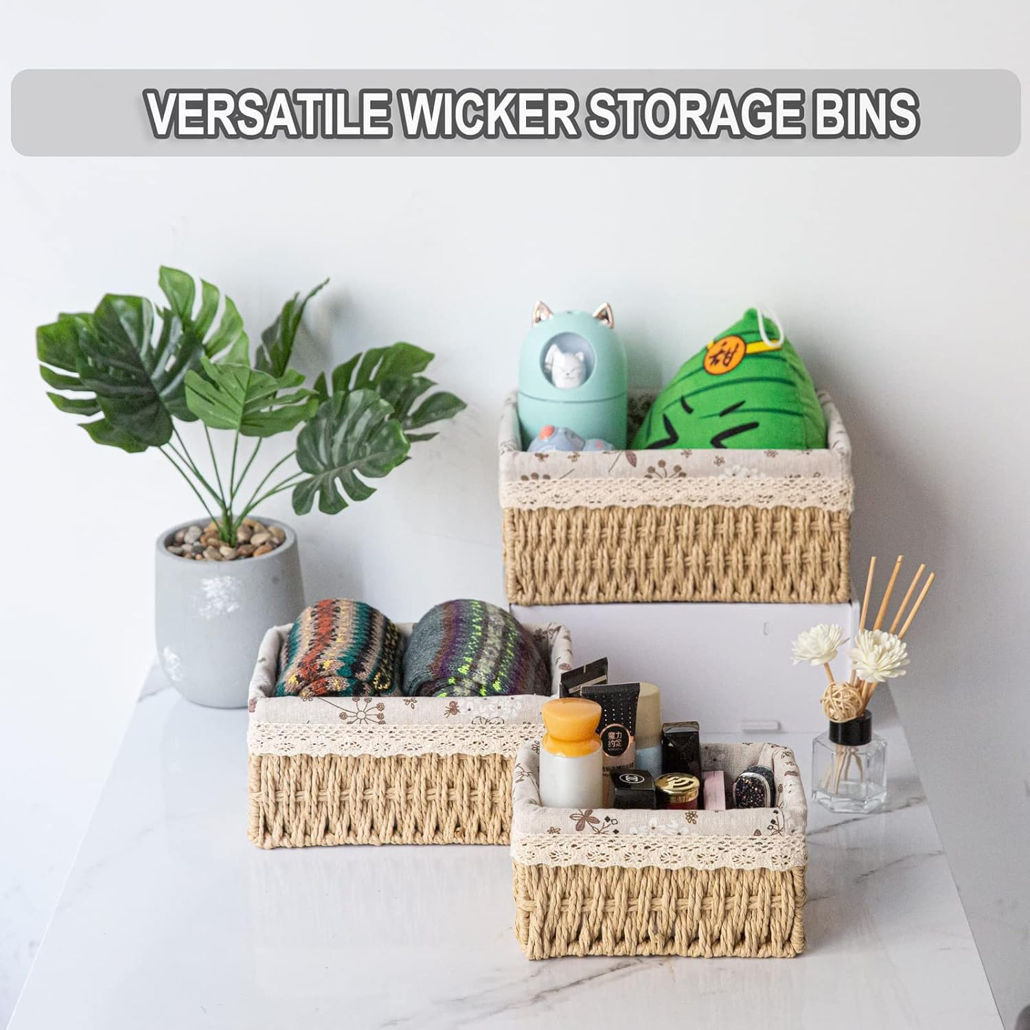 3Pcs Storage Baskets, Wicker Basket,Wicker Storage Basket,Storage Basket Set with Removable Liner for Organizing Shelf, Woven Baskets, Decorative Baskets, Rectangular Baskets - Round image number 6