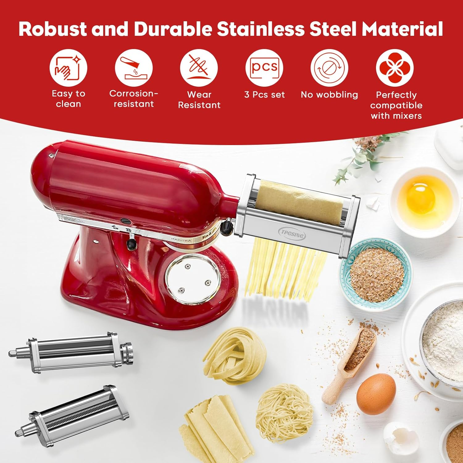 Pasta Attachment for Kitchen Aid Stand Mixer Included Spaghetti Cutter, Pasta Sheet Roller and Fettuccine Cutter, 3PCS Stainless Steel Pasta Maker Attachment by TPGSING