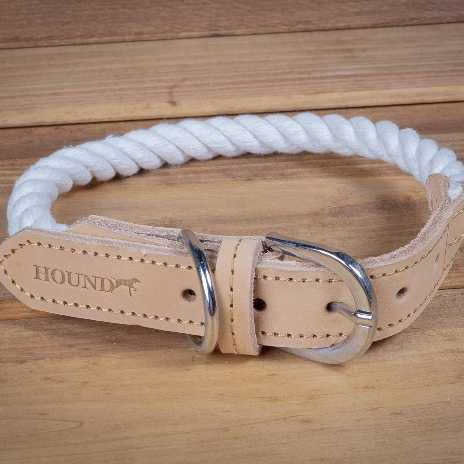 Hound Braided Real Leather Adjustable Dog Collar with Metal Buckle and D-Ring Accents, L, 130 G image number 1