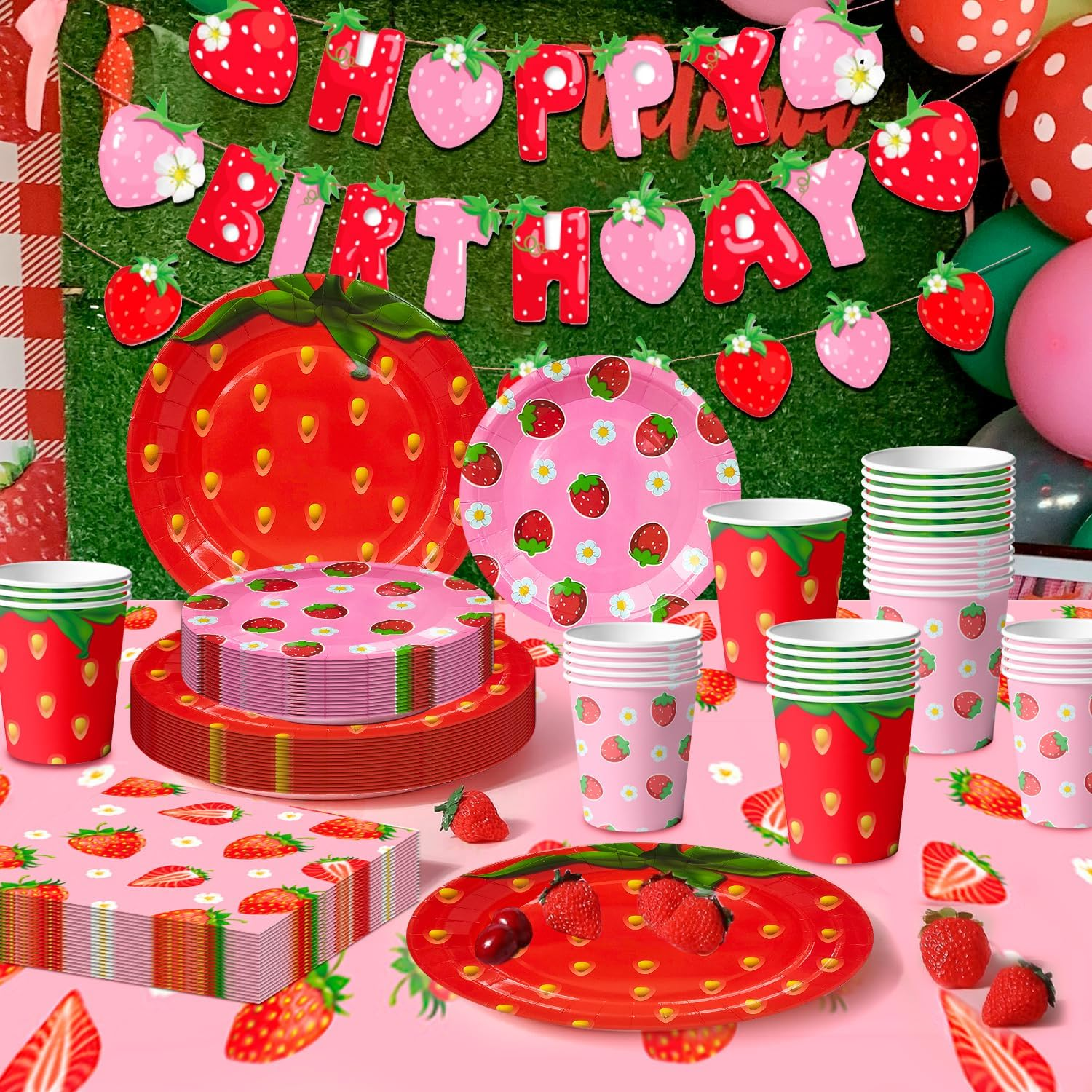 Strawberry Birthday Tableware, 91Pcs Strawberry Party Tableware Set - Strawberry Birthday Party Plates Napkins Cups Tablecloth Etc Strawberry Baby Shower Tableware for Strawberry Birthday Decorations