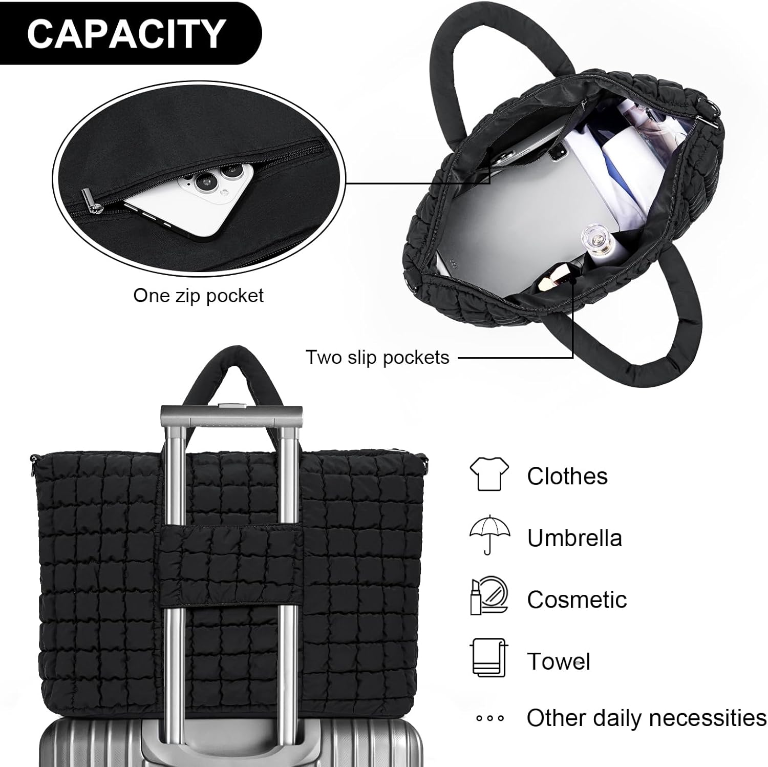 ANKICK Quilted Duffle Bag for Travel, Large Puffer Duffel Weekender Bags Soft Gym Tote, Big Puffy Carry on Luggage Overnight, Black, Contemporary