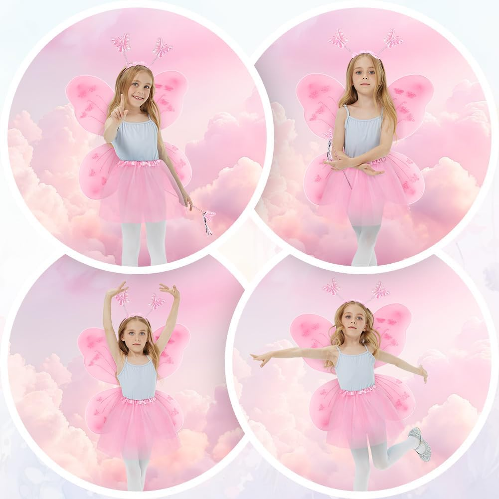 AYBUY Fairy Wings Kids Costume, Fairy Butterfly Wings with Tutu, Magic Wand and Headband, Fairy Princess Skirt Set, Fairy Dressing up Costume for Girls image number 6