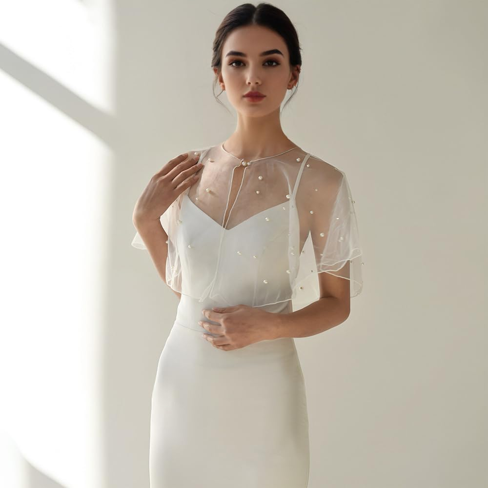 Mopmap Pearls Wedding Capes Shawl Wrap Shrug Bridal Evening Dress Jackets Flapper Bolero Cover up for Party Formal - Off White1 image number 3