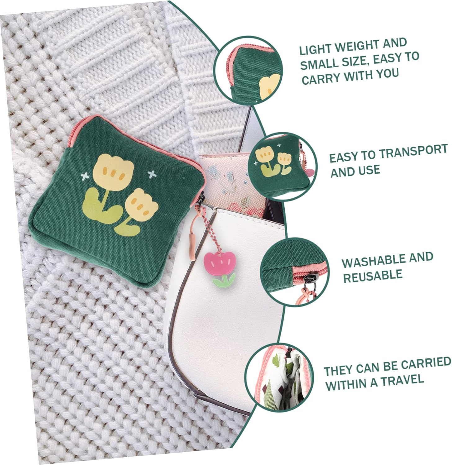 GOOHOCHY Floral Square Coin Purse Teen Storage Bag for Periods Nappy Bags Sanitary Napkin Pouch Lightweight Portable for Students Outdoors image number 6