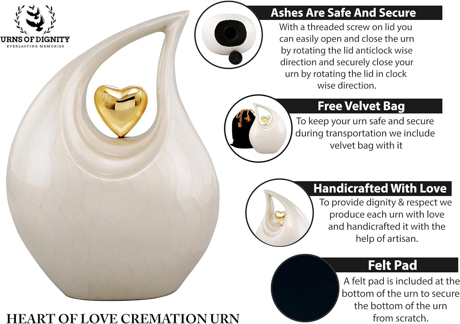 Heart of Love Adult Cremation Urns for Human Ashes - Decorative Urns,Urns for Human Ashes Female & Male,Urns for Ashes Men & Women,Funeral Urn (Adult Non-Customize, White Gold) image number 4