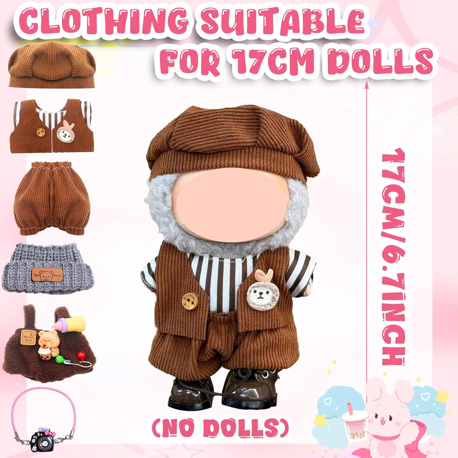 Pack of 7 Clothes for Doll, 17 Cm Doll Clothes Accessories with Grey Hat Dungarees Camera Brown Hat Clothing Vest Trousers for Boys Girls Gifts (Doll Not Included) image number 1