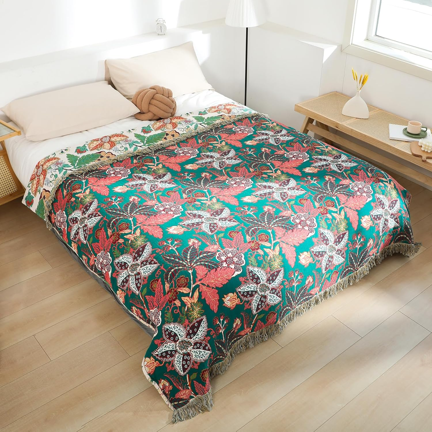 MSGKV Boho Throw Blanket for Bed Twin Size Cotton Muslin Breathable Floral Blanket 60"X80" Sofa Couch Blankets for All Seasons Lightweight Farmhouse Blankets Boho Home Decor image number 2