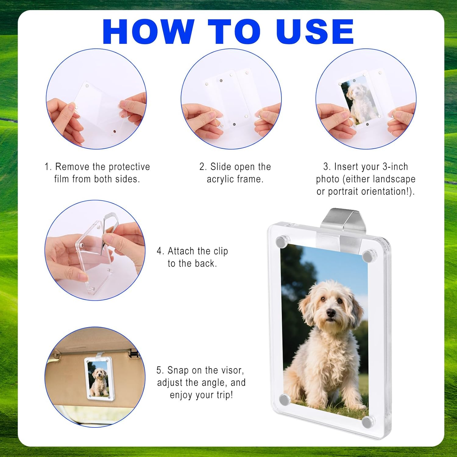 Pcs Car Photo Holders for Sun Visor, Acrylic Magnetic Picture Frame with 2 Stainless Steel Clips & Cleaning Cloth Personalized Car Accessories for Photos Display image number 6