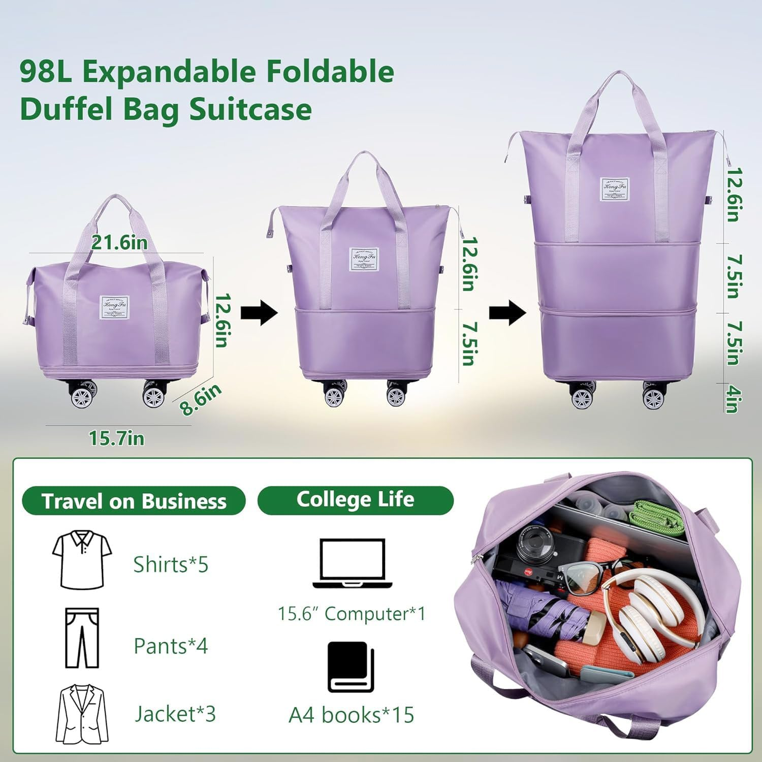 JIUSEGE Expandable Duffle Bag with Wheels &ndash; Folding Weekender Travel Tote Carry-On with Large Storage Space, Luggage Bag for Business Trips, Camping & Fitness (Light Purple) image number 3