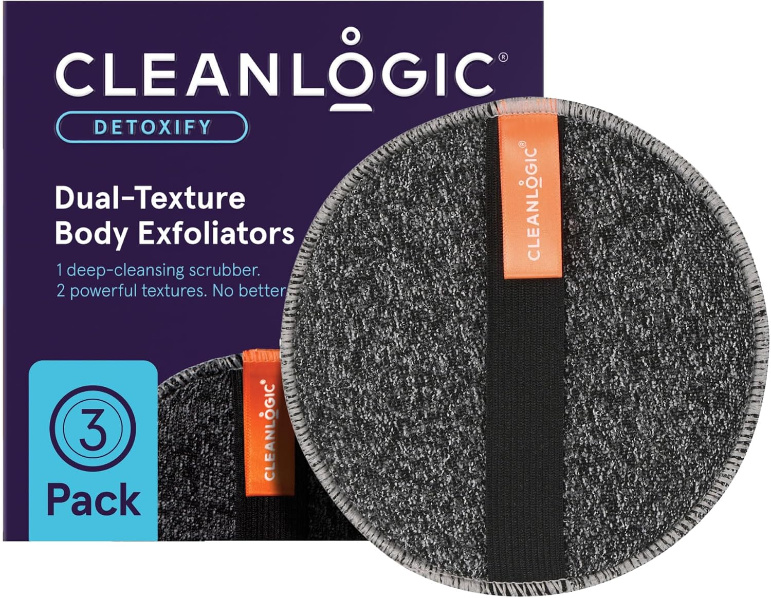 Cleanlogic Bath & Body Exfoliating Dual-Texture round Body Exfoliators for Sensitive Skin, Smooths & Hydrates, Scrubs Away Dirt, Oils & Dead Skin, Vegan-Friendly - Pack of 3