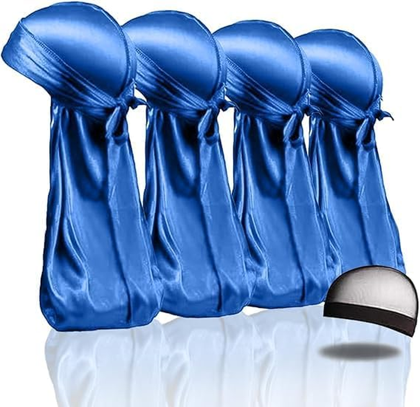 4PCS Silky Durags, Silk Durag for Men Women Waves, Silk Durag Pack with 1 Wave Cap, Silky Satin Durag Extra Long Tails Blue X 4 image number 2