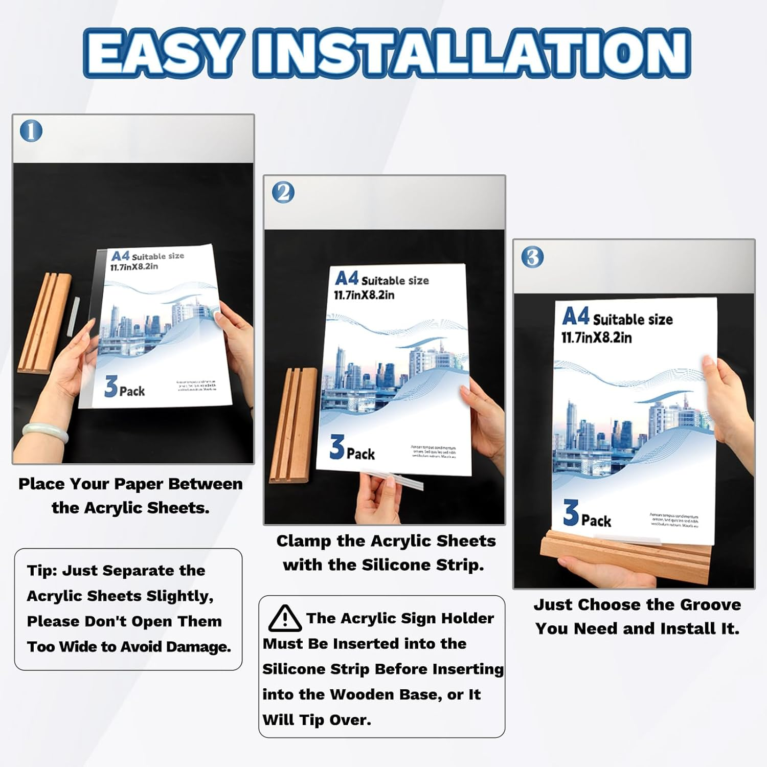 3 Pack A4 Acrylic Sign Holder, Wooden Base Table Number Holder, Doubel-Sided Menu Display Stand, Clear Signage Holder for Wedding, Vendor Booth, Farmer Market Small Business Retail Display image number 2