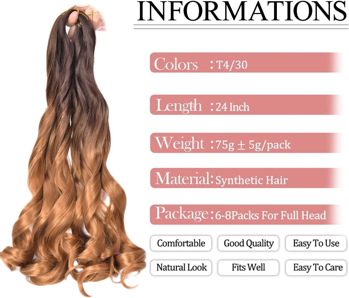 Luoyudu French Curly Braiding Hair,24 Inch #T4/30 Loose Wavy 8 Pack Bouncy French Curl Braiding Hair Extensions 75G/Pack Synthetic Crochet Hair Extensions (T4/30,8Pack) image number 3