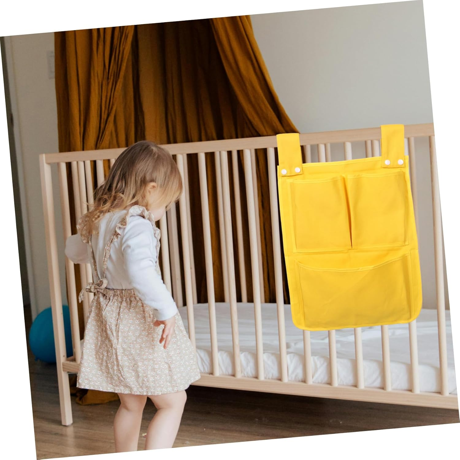 Bedside Hanging Storage Bag Organizer Multifunctional Canvas Crib Pocket for Diapers Wipes Toys Space-Saving Yellow for Nursery and Changing Table image number 1