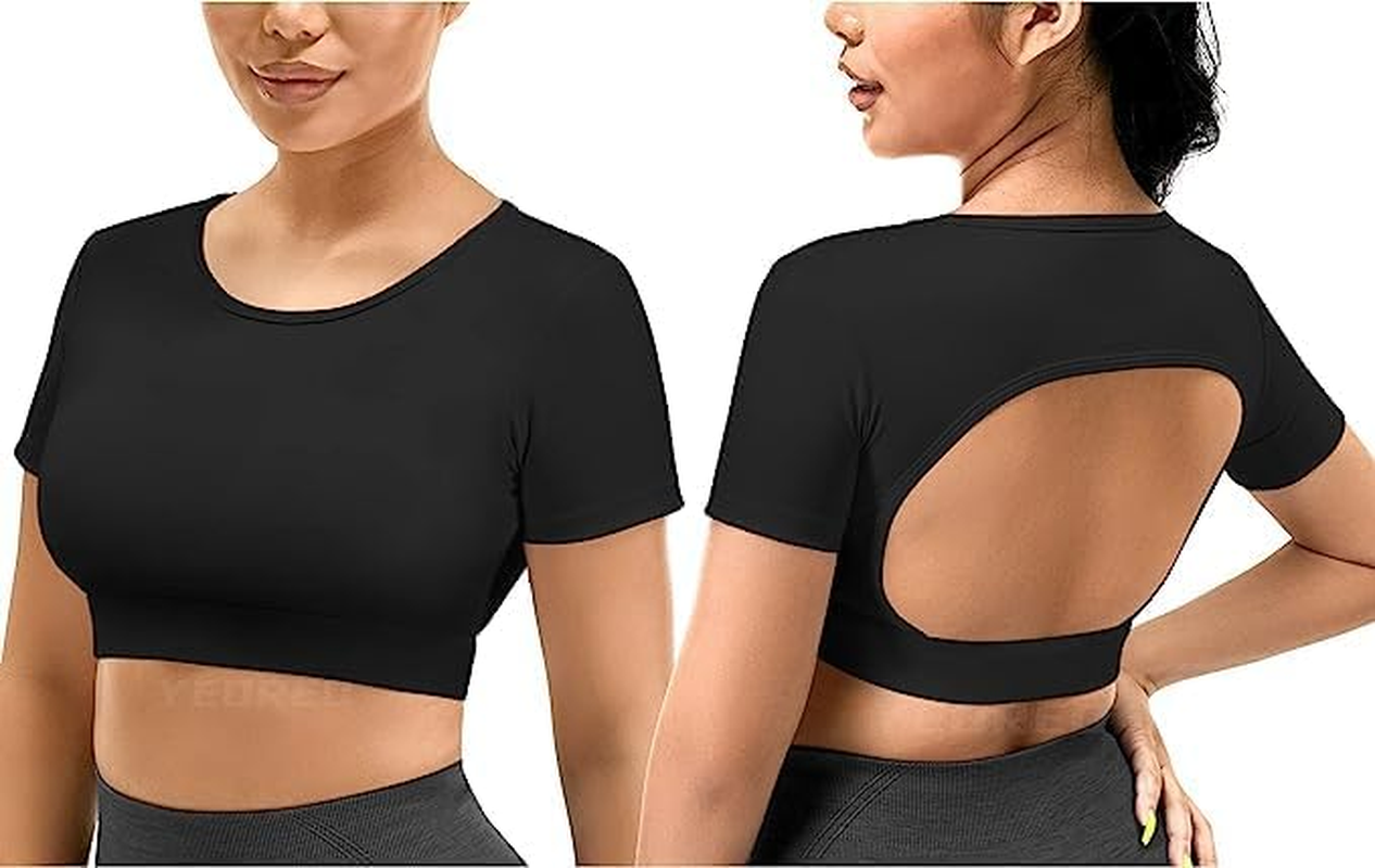 Women Open Back Tee Crop Tops with Removable Pad Workout Backless Gym Shirt Bra Going Out T Shirt Top image number 6