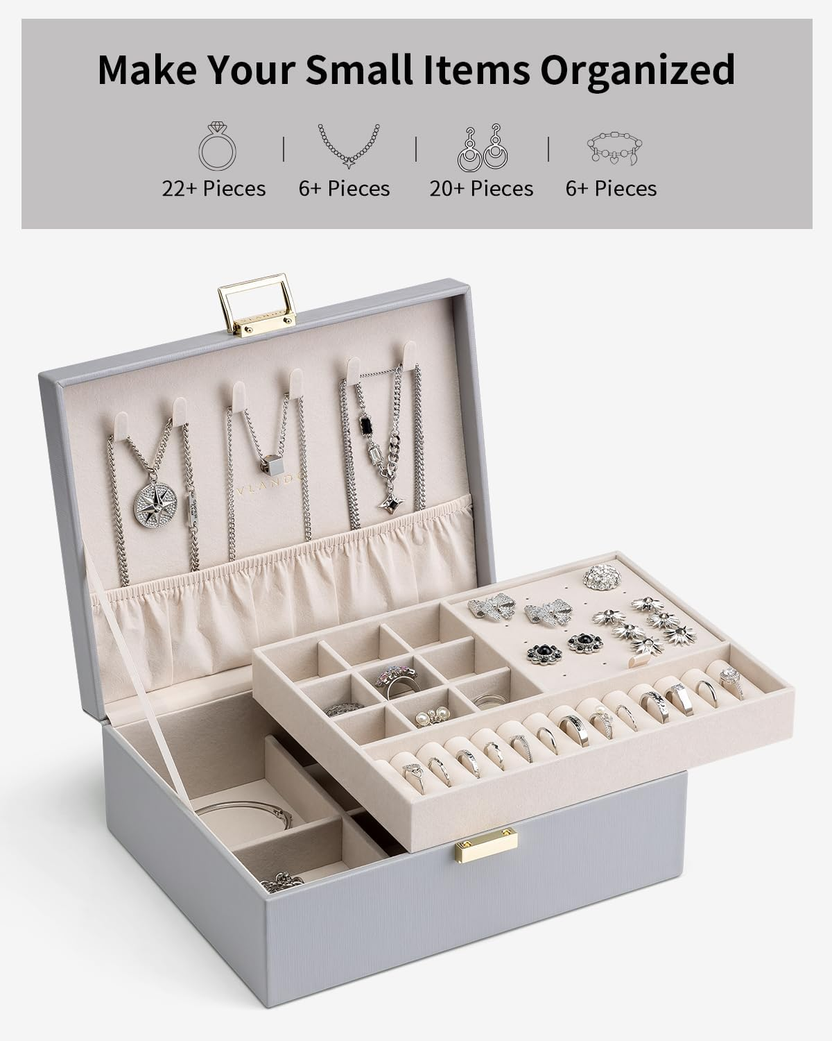 Vlando Jewellery Box, 2 Layers, Jewellery Storage Box, Large, Jewellery Box for Women, Girls, Removable Jewellery Tray for Rings, Earrings, Necklaces image number 5