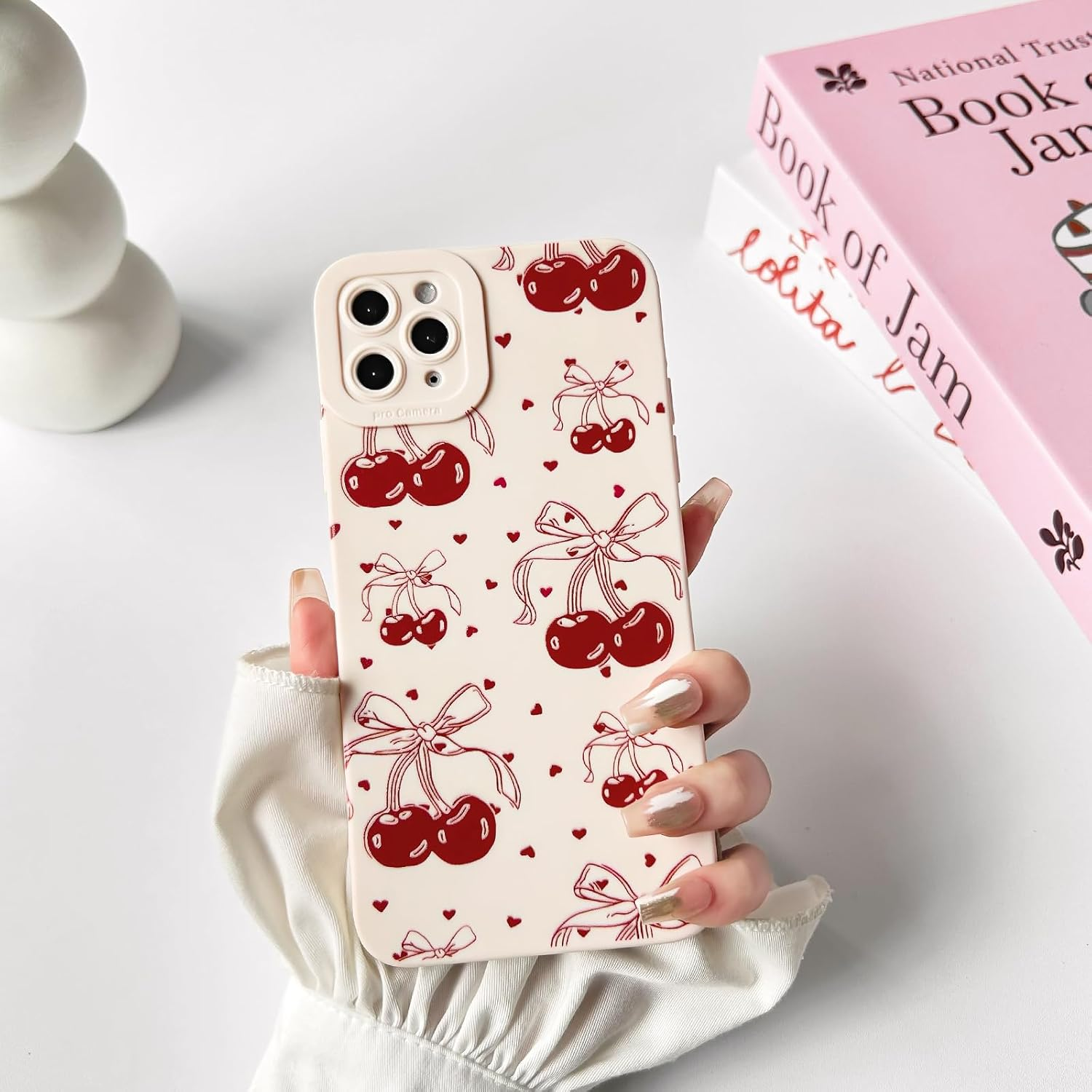 NITITOP Compatible with Iphone 11 Pro Case Cute Bow Bow Cherry Small Hearts for Women Girls Soft TPU Shockproof Protective Case White Mobile Phone Case - White