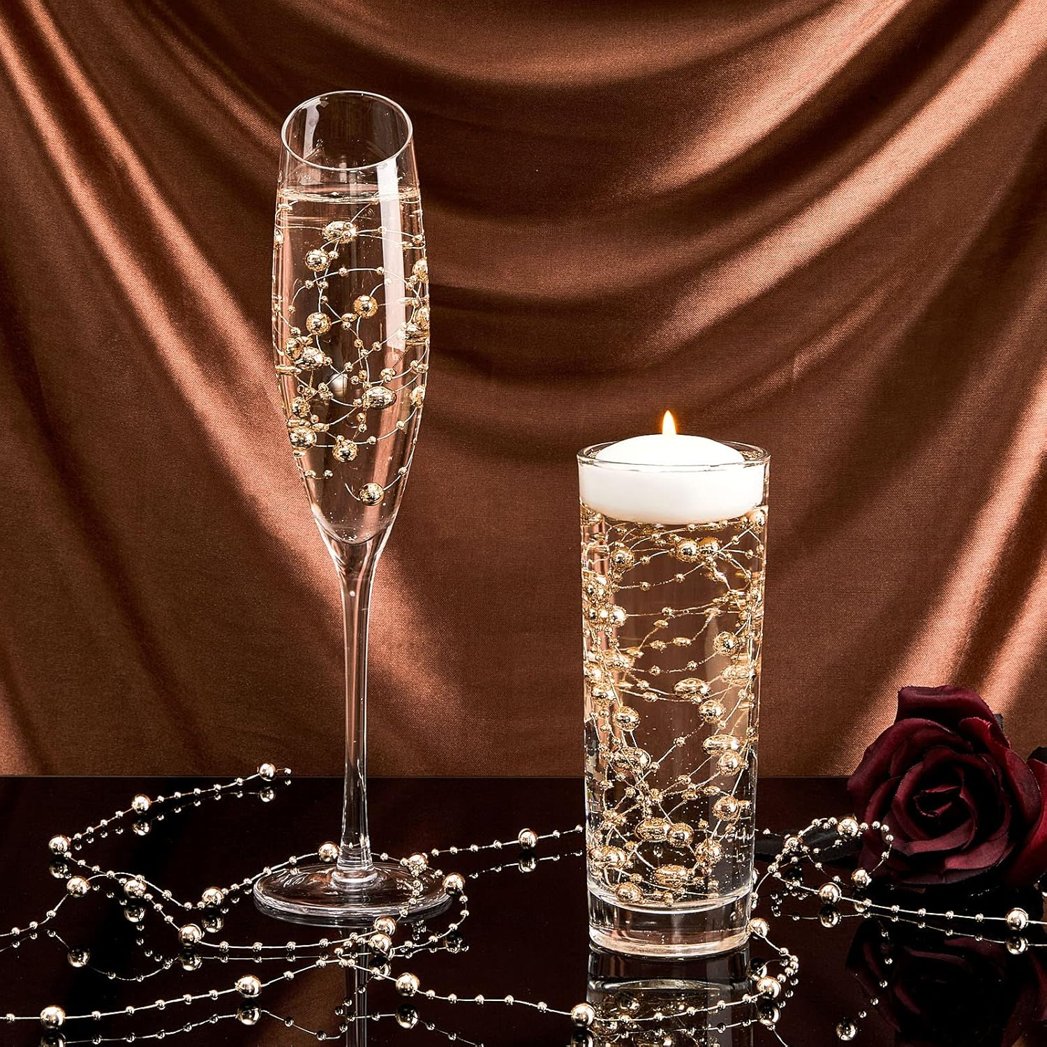 Tondiamo 24 Pcs Artificial Pearl String for Floating Candle Faux Pearls Beads String Party Garland Decoration for Vases Filler Wedding Centerpiece Christmas Party Decor(Rose Gold) image number 5