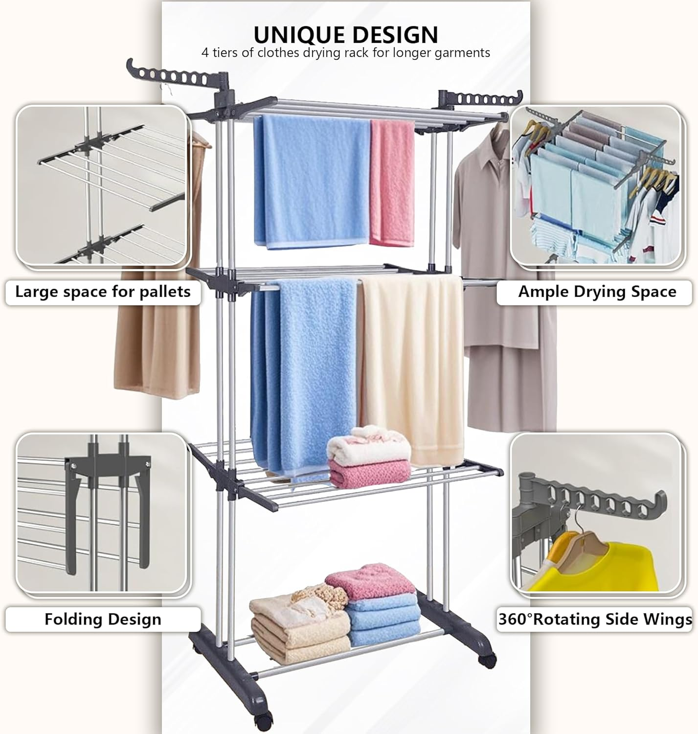Drying Rack, 4-Tier Foldable Drying Rack with 4 Wheels for Drying Sheets, Towels and Clothes (67" High) Gray image number 3