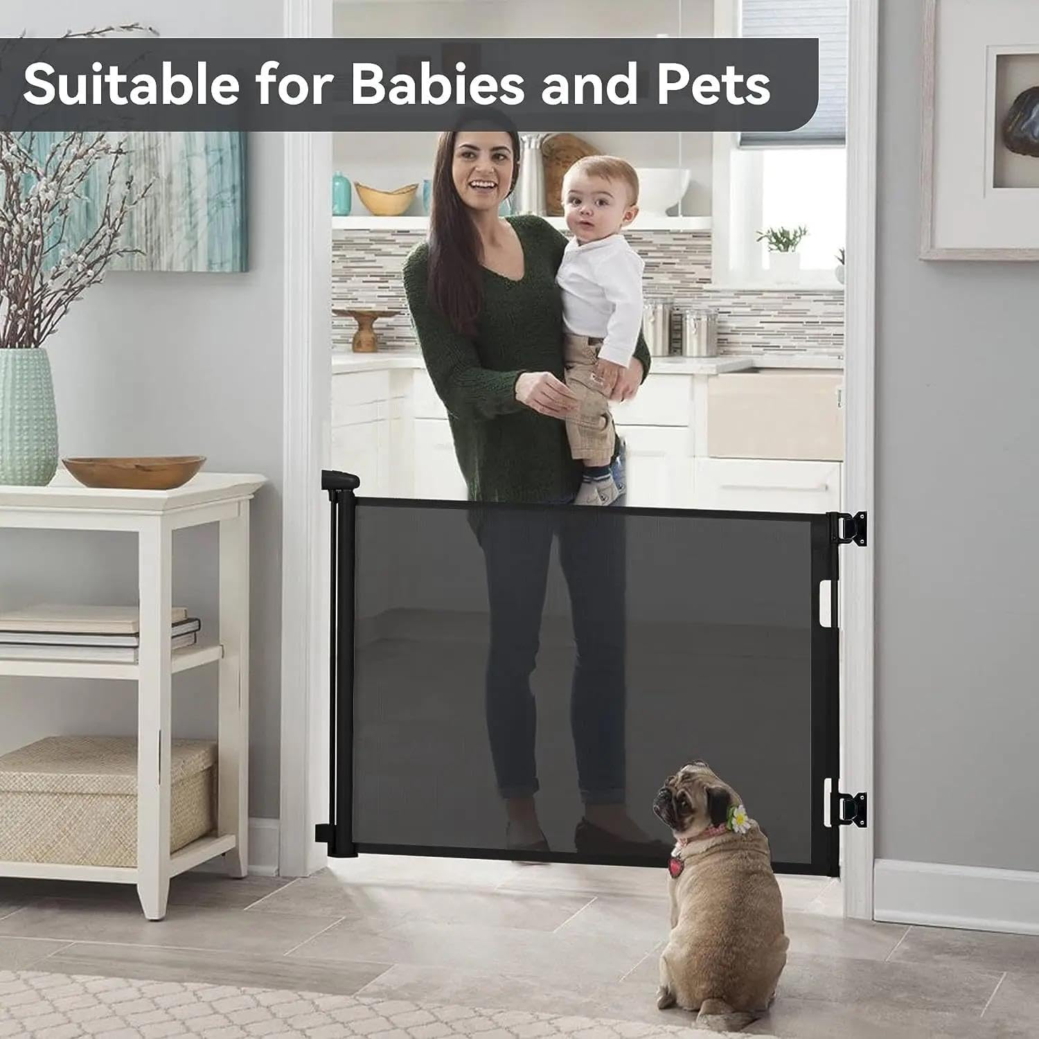 Retractable Baby Gate, Dog Gate Door Extensions, Durable Mesh Baby Safety Door, Wide Pet Gate 86Cm Tall, Extends to 150Cm Wide, for Doorways, Stairs, Halways. (Black, 150Cm) image number 2