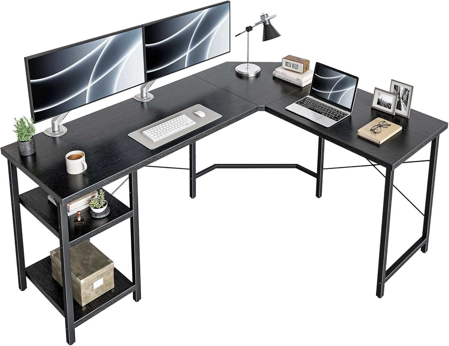 Cubicubi L Shaped Computer Desk, 150 Cm Industrial Office Desk with Storage Shelves, White Wood and Metal Corner Desk for Home Office, Black