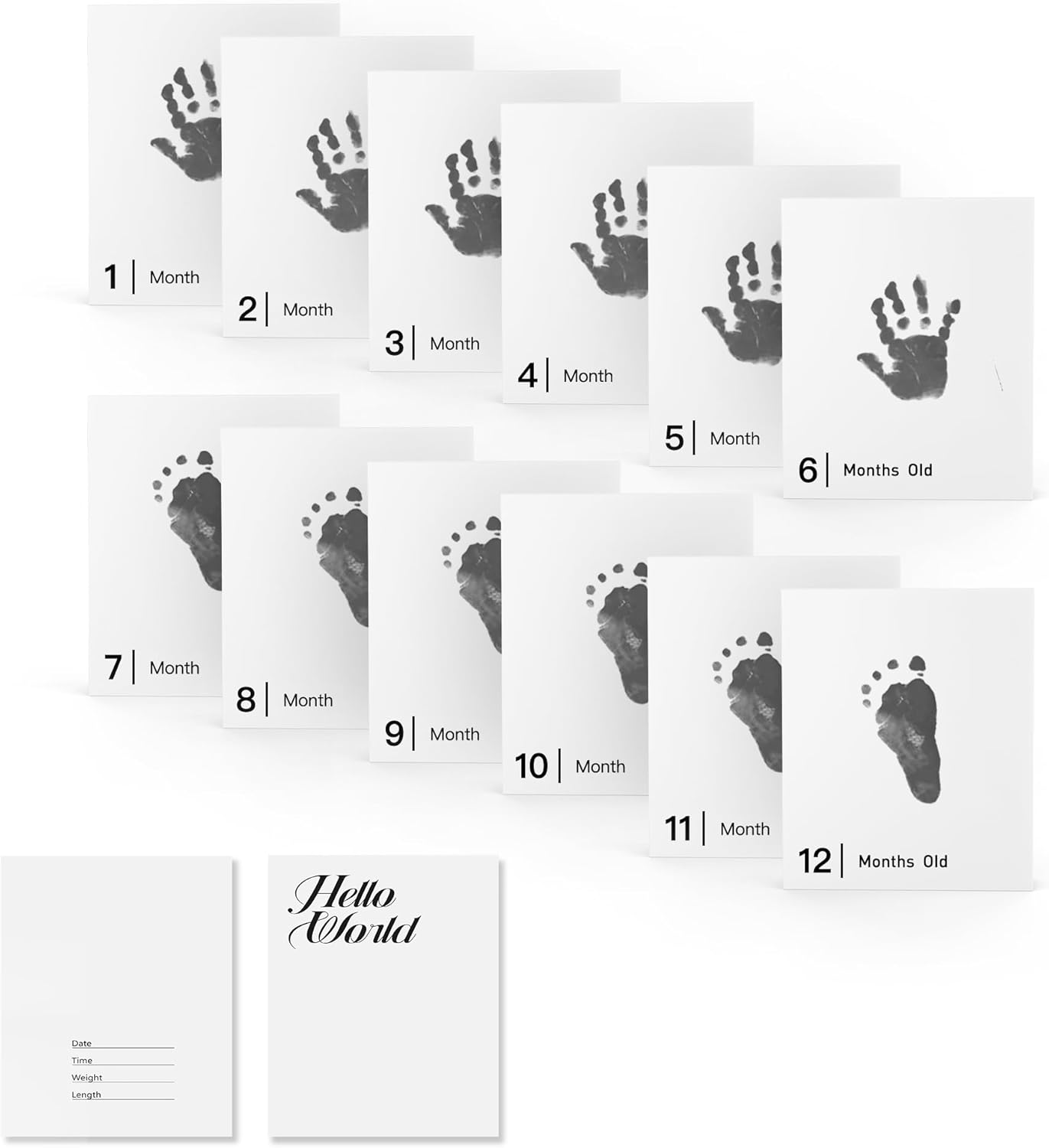 14 Pieces Baby Inkless Milestone Cards,1 Month to 12 Month Hand and Footprint Kit,Dog or Cat Pet Paw Print Kit,Newborn Safe Inkless Pad,Hello World Newborn Sign Memory Kit(14 Ink Pad+14 Papers) image number 6