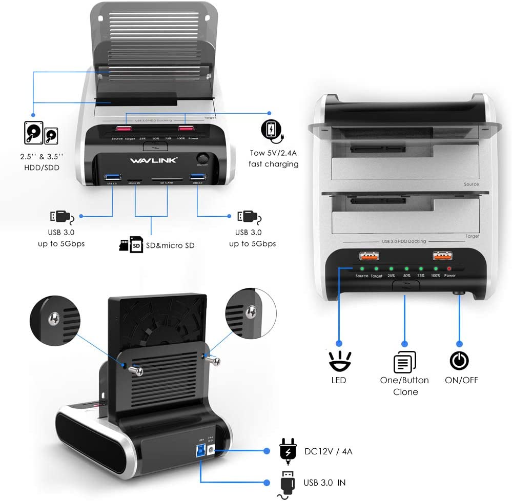 WAVLINK 8-In-1 USB 3.0 to SATA I/II/III Dual Bay External Hard Drive Docking Station for 2.5"/3.5" HDD/SSD Support Offline Clone/Uasp, with USB 3.0 Ports, Charger Port and TF & SD Card-(2X10Tb)