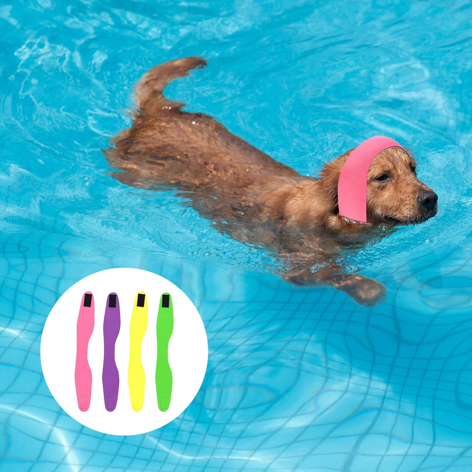 Pack of 4 Swimming Caps for Dogs, Waterproof Tube Scarf Bathing Cap for Dogs without Ear Flaps, Pet Earmuffs, Swimming Accessories (Purple, Pink, Yellow, Fluorescent Green) image number 4