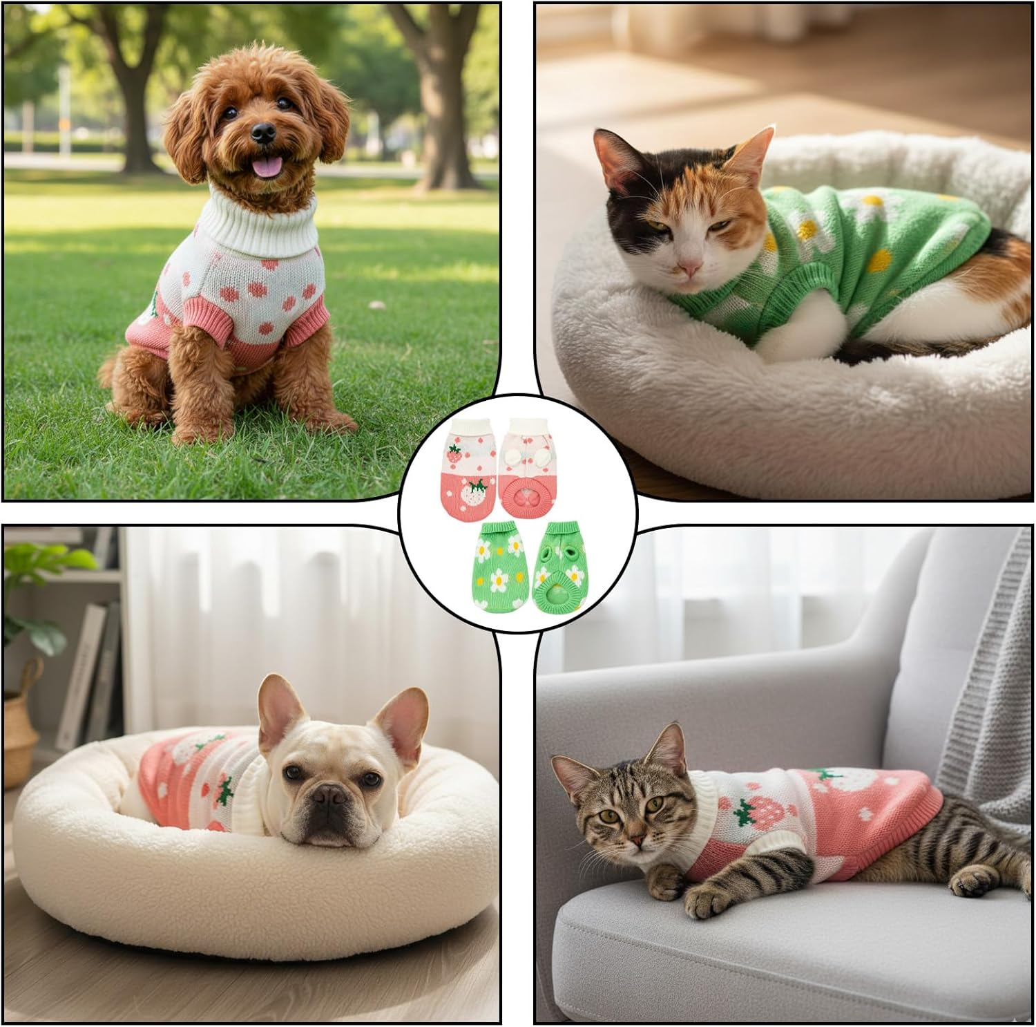 Pack of 2 Dog Jumpers for Small Dogs, Soft Knitted Jumper for Dogs and Cats, Winter Clothing for Pets Such as Rabbits and Guinea Pigs, Green and Pink Strawberry Pattern, 23 Cm image number 3