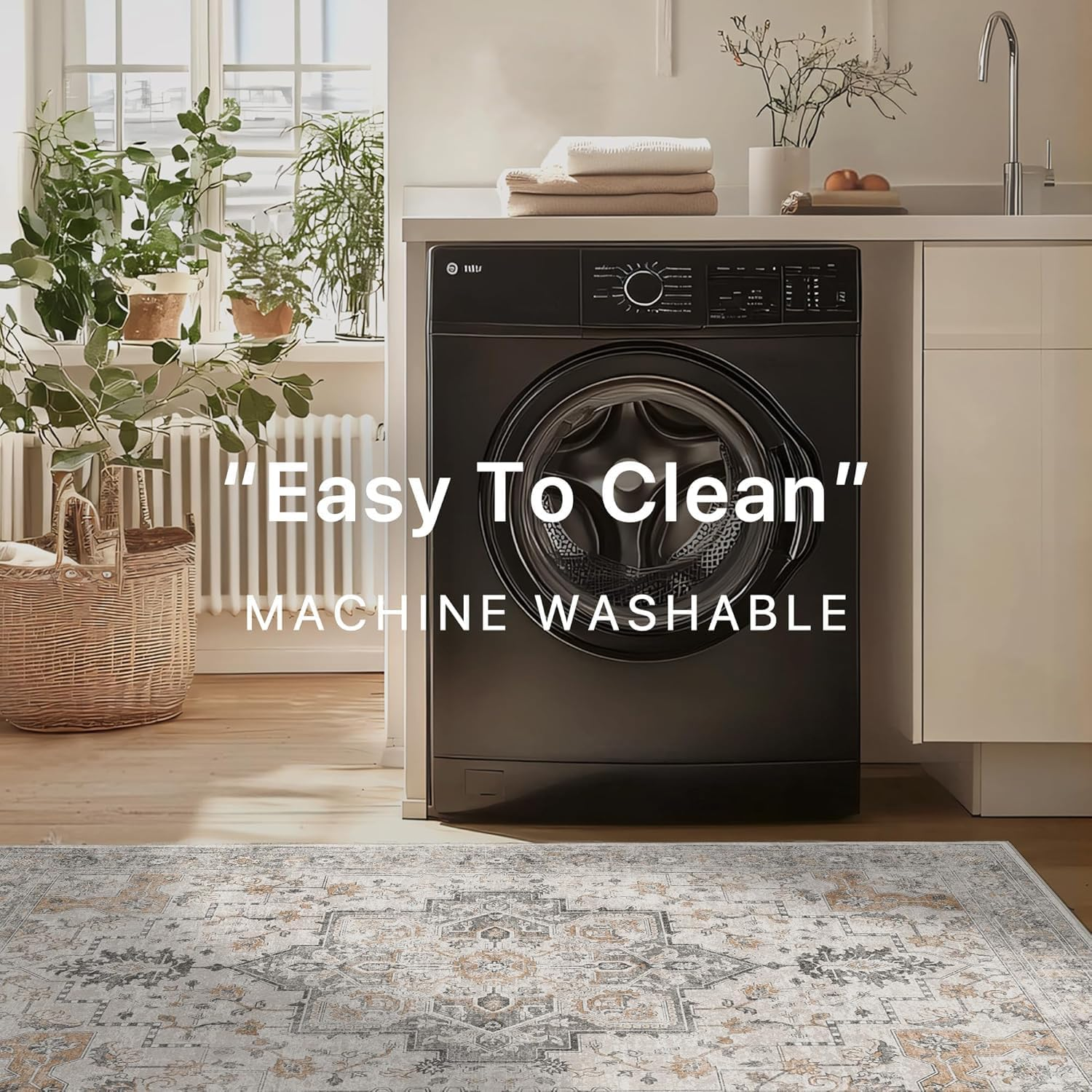 HAOLEYAO 160X200Cm Area Rugs for Living Room, Machine Washable Non Slip Vintage Rugs, Low Pile Lightweight Chenille Print Rug for Bedroom, Dining Room, Home Office (Taupe) image number 2