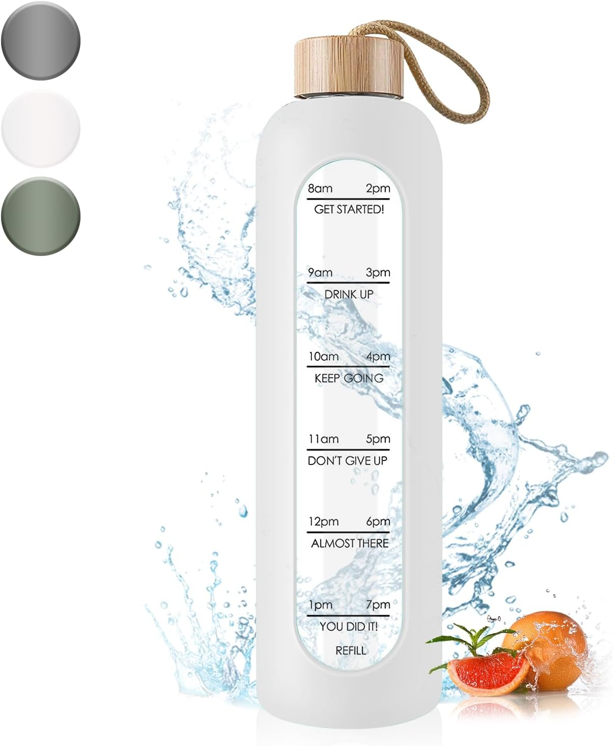 Glass Water Bottle 1 L with Time Markings - 1 Litre Leak-Proof Sports Glass Water Bottle with Bamboo Lid for Sports, Leisure, 1000 Ml Reusable Shatterproof Silicone Cover Water Bottle (White)