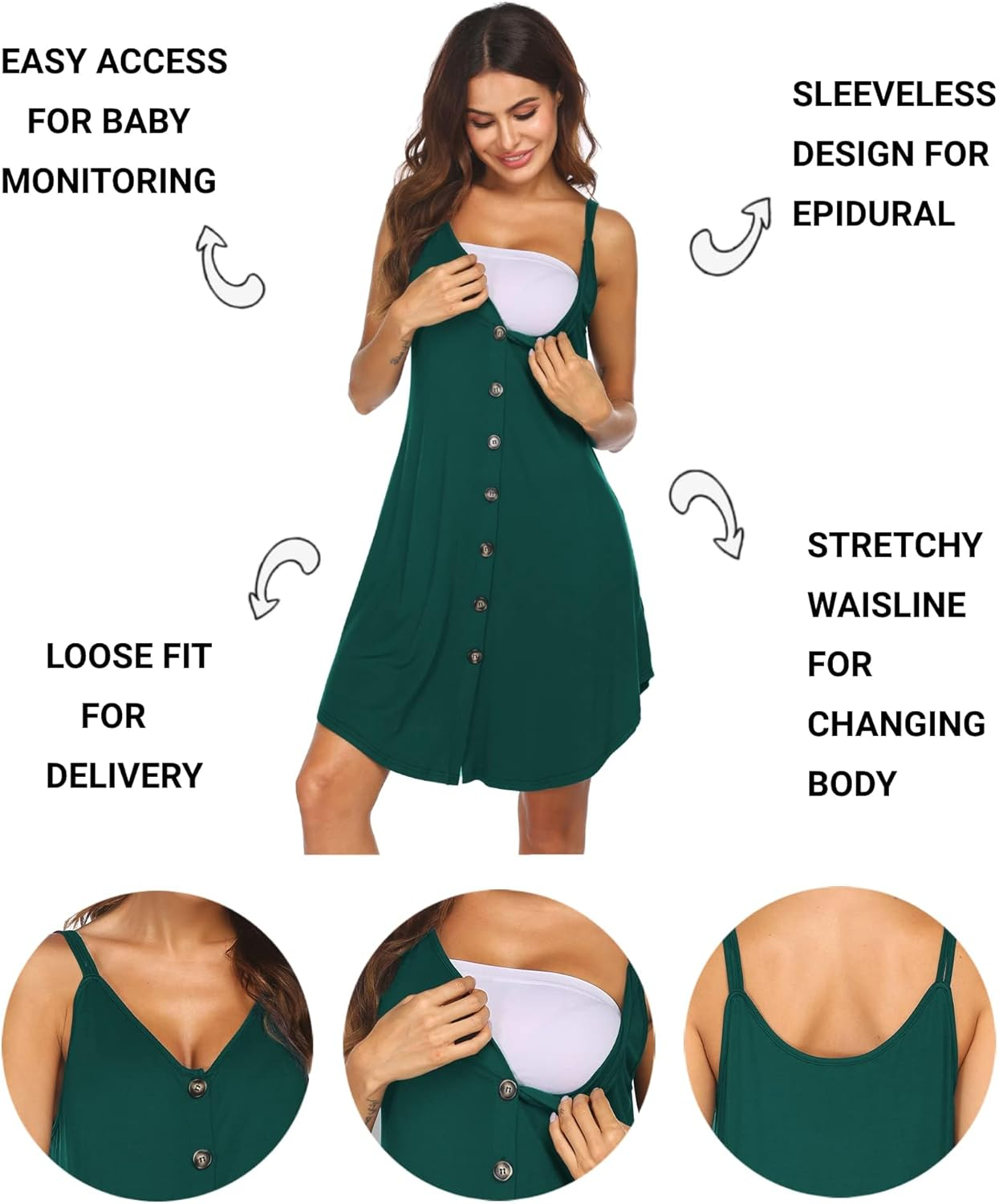 Ekouaer Nursing Nightgown Women'S Maternity Dress Button down Nightdress Sleeveless Breastfeeding Sleepwear Hospital Gown image number 3