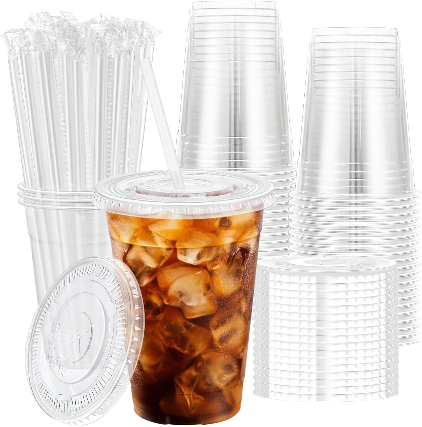 100 Pack 16Oz Reusable Transparent PET Plastic Cups with Lid and Leak Proof Paper, Standard Lidded Drinking Cups for Wedding, Thanksgiving, Christmas and Camping Party image number 4
