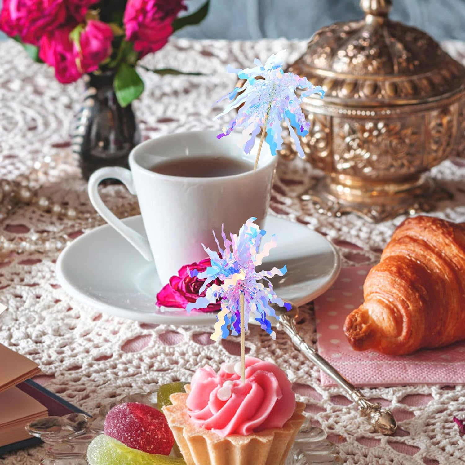 40 Pieces Colorful Firework Cupcake Toppers, Sparkle Tinsel Birthday Cake Decorations, Foil Frill Toothpicks for Christmas Wedding Party Graduation Ceremony Decor (Style 1)