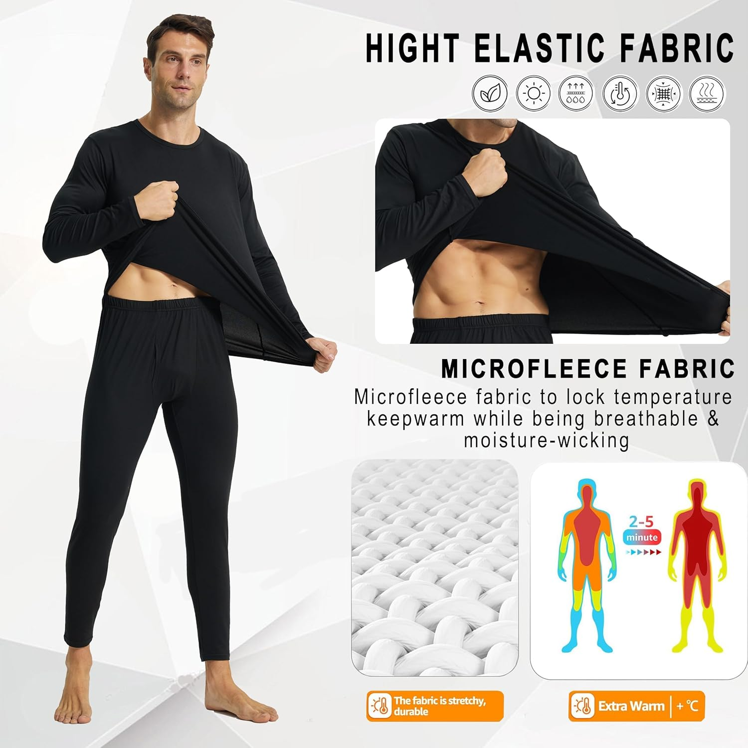 Mens Thermal Underwear Set Winter Base Layer Long Sleeve Top Long Johns for Men Thermals Warm Baselayer image number 3