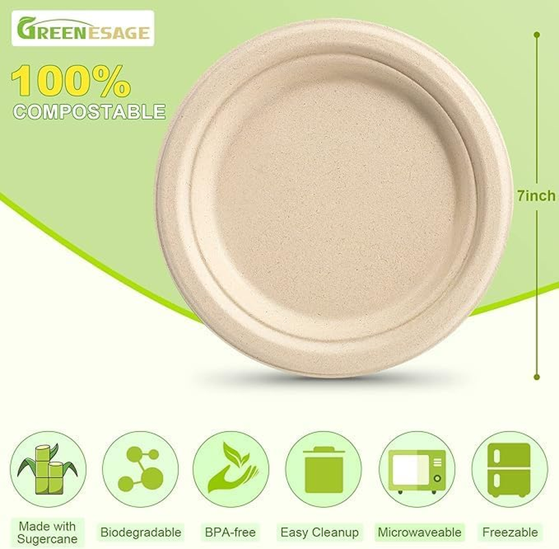 150 Pack Compostable Disposable Paper Plates 7 Inch Super Strong 100% Bagasse Natural Biodegradable Eco-Friendly Sugarcane Plates(Nature) image number 6
