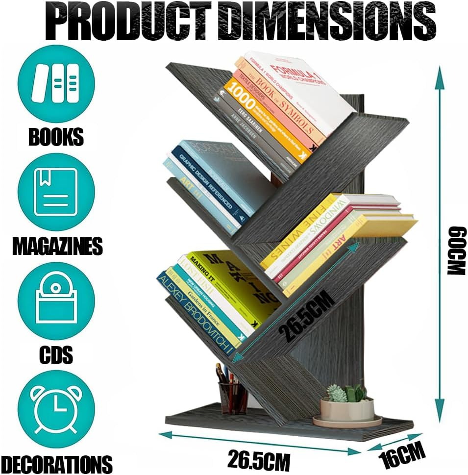 SHENMAIDAY 5 Layer Small Tree Shape Bookshelf, Book Storage Organizer, Desktop Book Display Rack for Books Magazines CD Freestanding Vintage Wooden Storage Rack for Home Office Bedroom (Black) - White image number 6