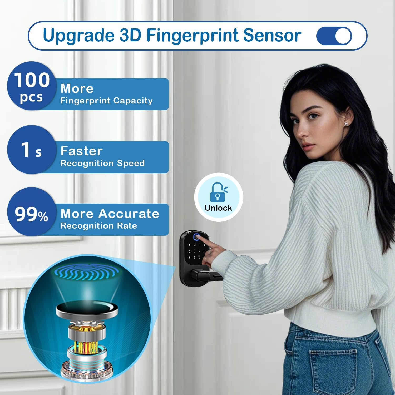 Smart Door Lock with Handle, Keyless Entry Door Locks, 8-In-1 Fingerprint Keypad Deadbolt Lock, Smart Locks for Front Door, Digital Door Knob Lock for Interior, Exterior, Home