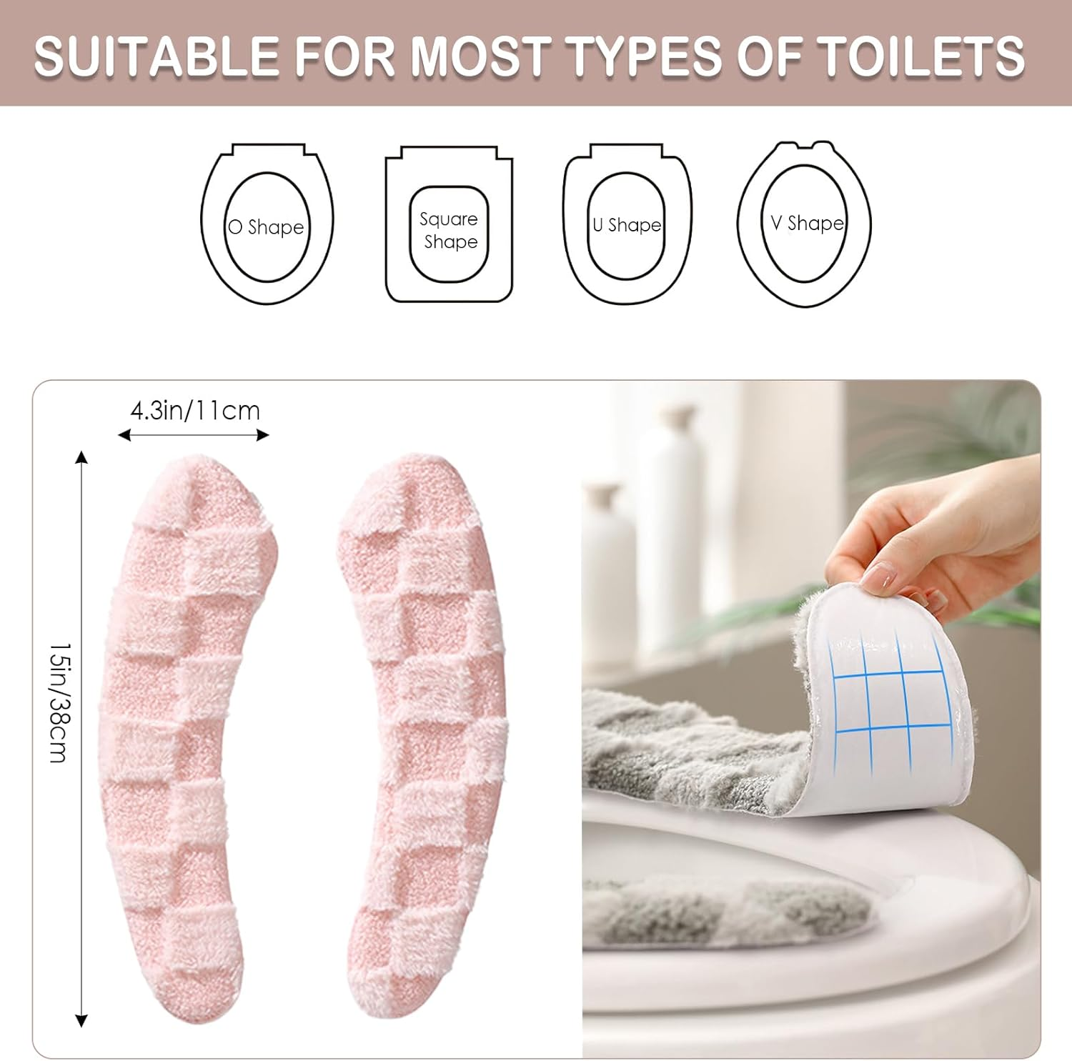 Thick and Warm Plush Toilet Seat Cover &ndash; Washable, Reusable Cushion with TPR Adhesive & Checkered Pattern for Comfort & Insulation (Pink) image number 1