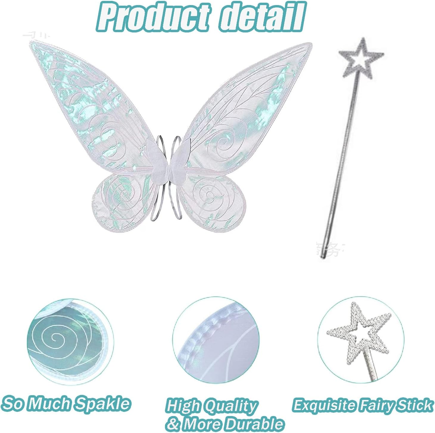 Wzenclave Fairy Wings with Star Wand Shiny Transparent Princess Wings Colorful Butterfly Wings Angel Elf Wings Stage Children'S Festival Party Performance Women Halloween Dress up Party (White) image number 4