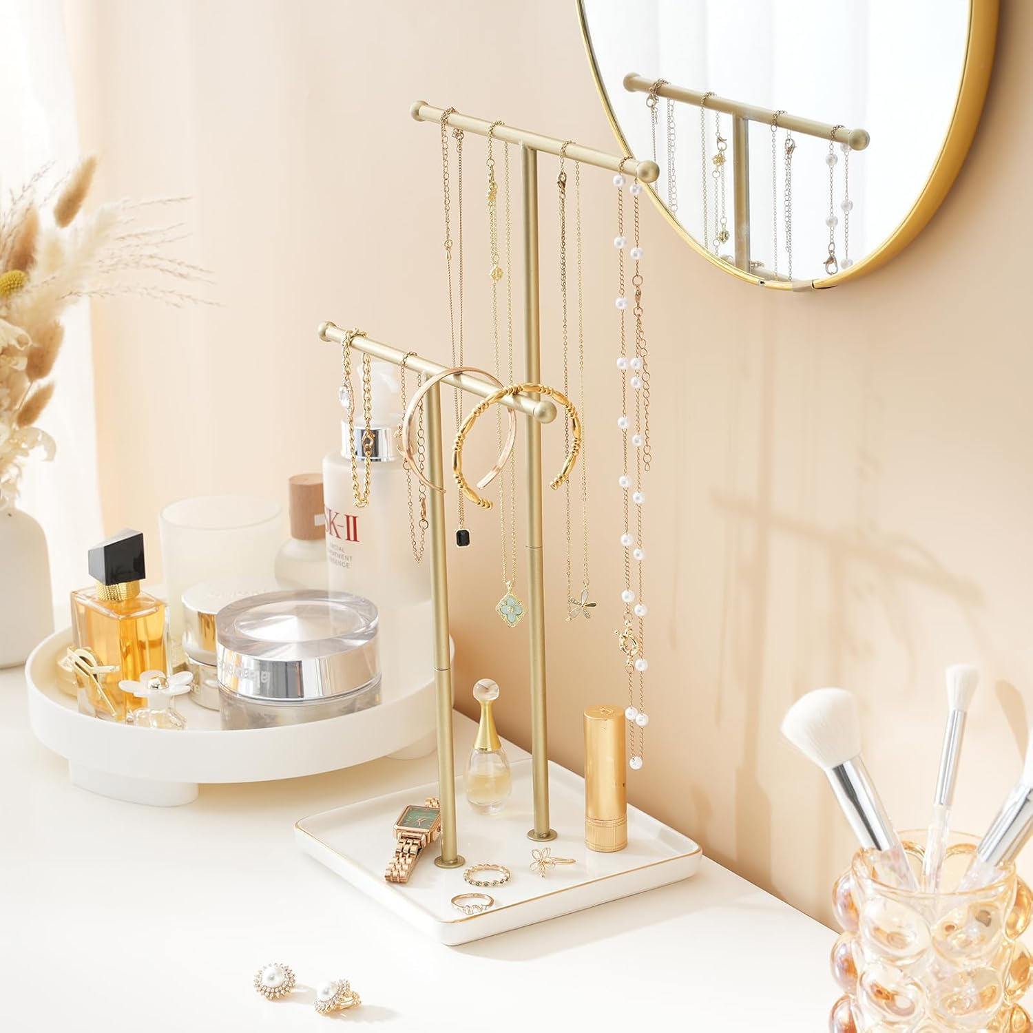 Lolalet Necklace Holder, Jewelry Display Stand with Ceramic Base Tray Jewelry Organizer Tree for Necklaces Bracelets Earrings Rings -White, 2 Tiers - Black image number 5