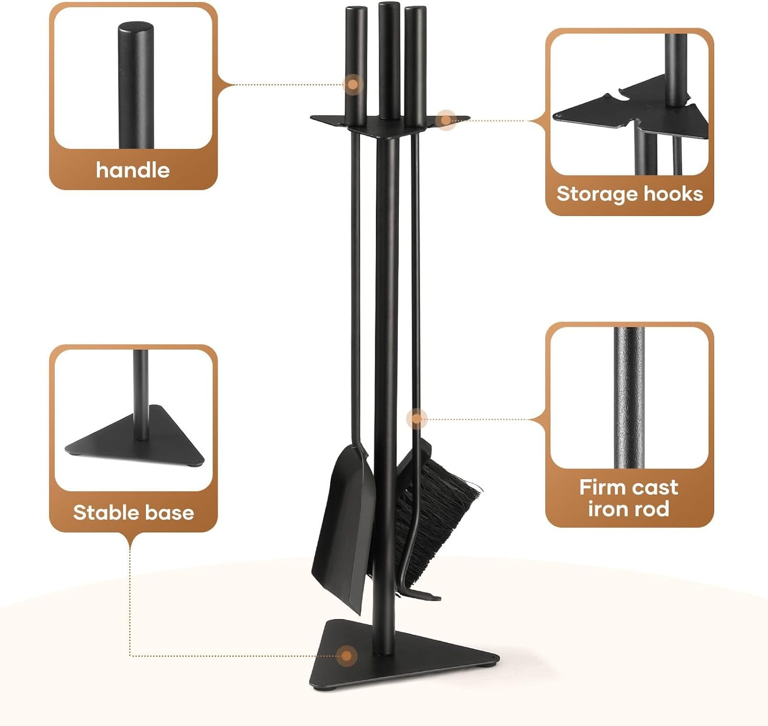 4PCS Fireplace Tool Set Firepit Accessories Poker Fire Shovel Brush Stand Black Cast Iron image number 1