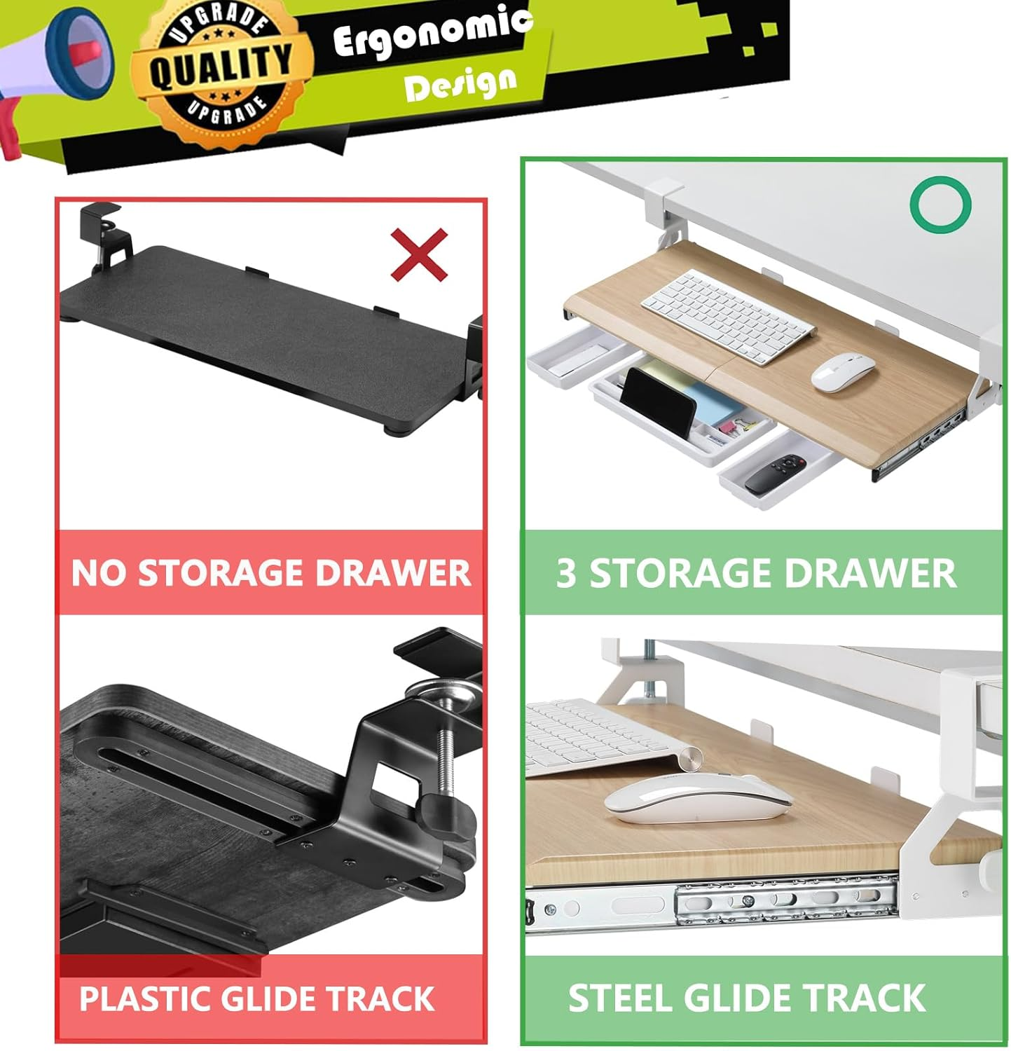 ETHU Keyboard Tray under Desk, Ergonomic Corner Keyboard Tray with 180&deg; Adjustable C Clamp for L Shape Desk 26.77" X 12.2" Easy to Install, Computer Keyboard Stand for Home and Office(Oak) - White image number 4