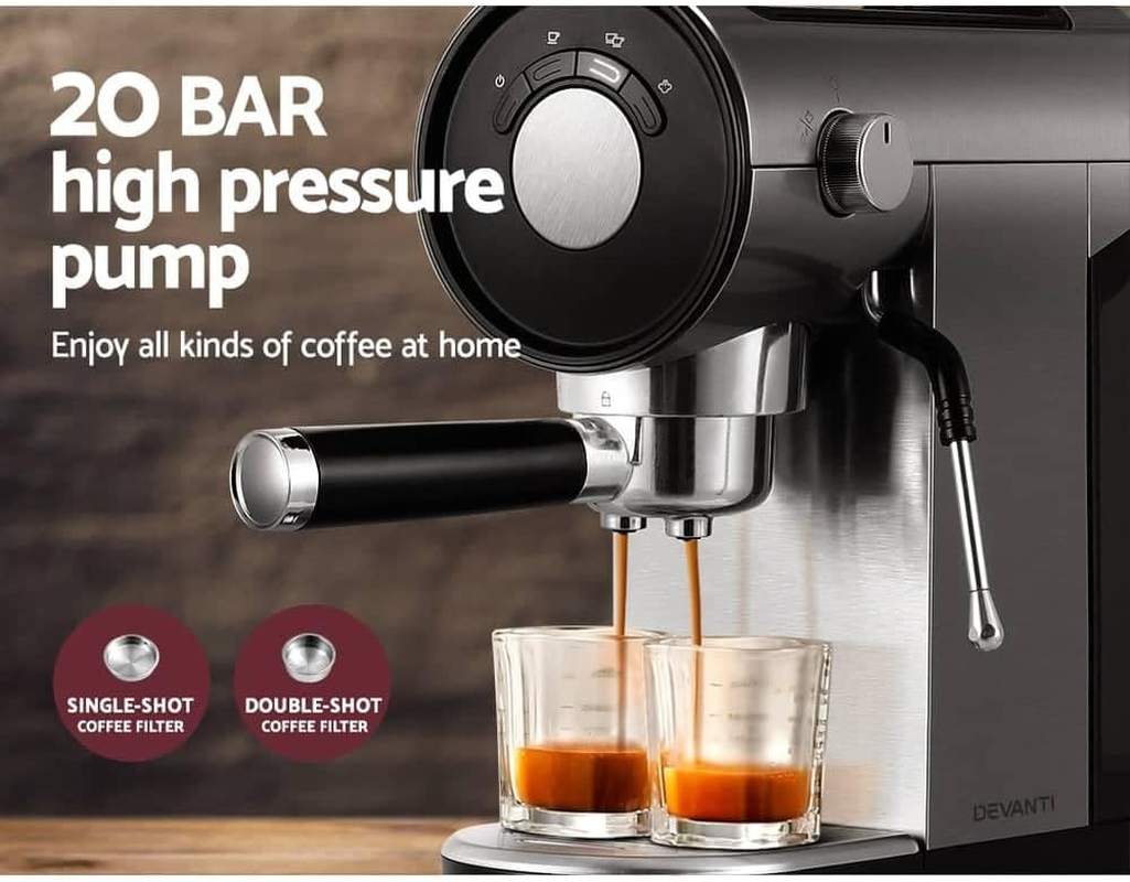 Devanti Coffee Machine, 20 Bar Barista Express Espresso Maker Pod Cafe Cup Latte Cappuccino Milk Frother Machines, with Powerful Pressure Pump Removable Drip Tray and Water Tank Stainless Steel image number 5