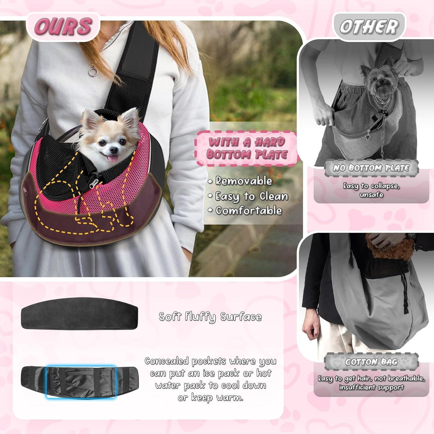 Upgraded Breathable Mesh Dog Sling Carrier for Small Dogs & Cats up to 10Lbs-Detachable Hard Bottom,Adjustable Strap & Large Pocket-Hands-Free Pet Carrier for Women Travel Walking Hiking (Pink Size M) image number 4