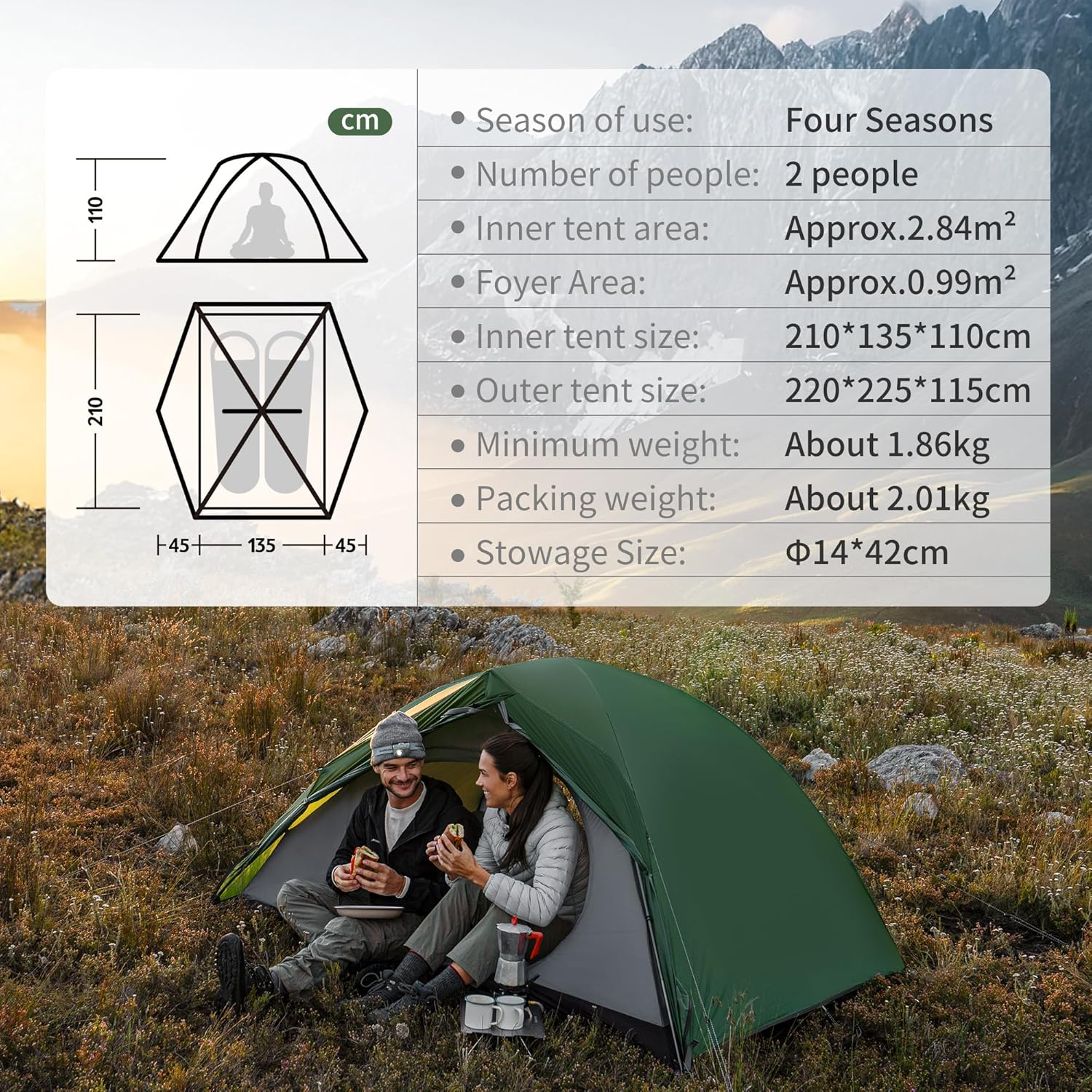 Naturehike 4 Season 2 Person Tent, All Seasons Use Camping Tent, Double Layer Waterproof Hiking Tent (Green) image number 1